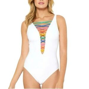 NWT retails 109, Bleu Rod Beattie white swimsuit with rainbow straps